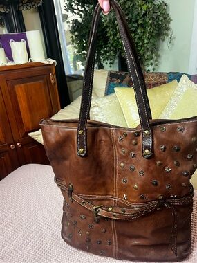 Costanza Rota Brown Italian Leather Studded Tote Bag Large Shoulder Purse